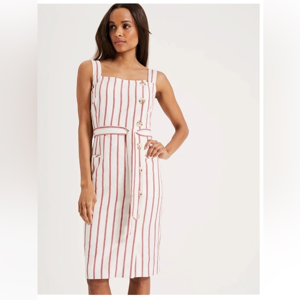 Iris Brand Light Red & Ivory Striped Linen Dress Zip Back Belt Wide Straps Large